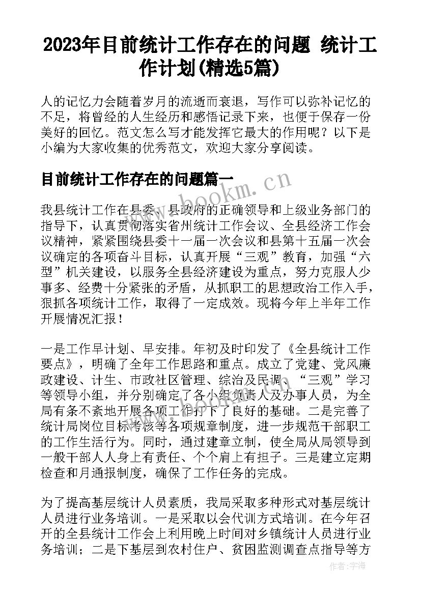 2023年目前统计工作存在的问题 统计工作计划(精选5篇)