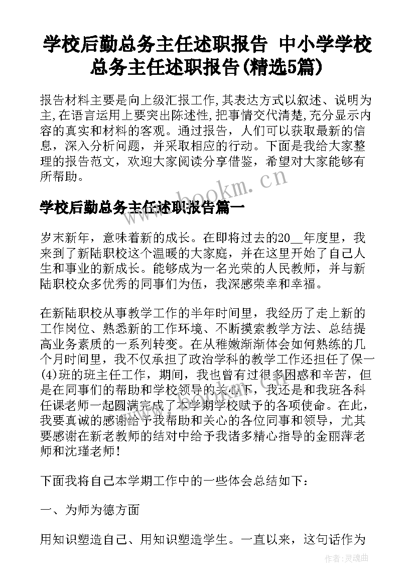 学校后勤总务主任述职报告 中小学学校总务主任述职报告(精选5篇)