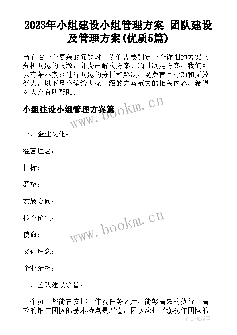 2023年小组建设小组管理方案 团队建设及管理方案(优质5篇)