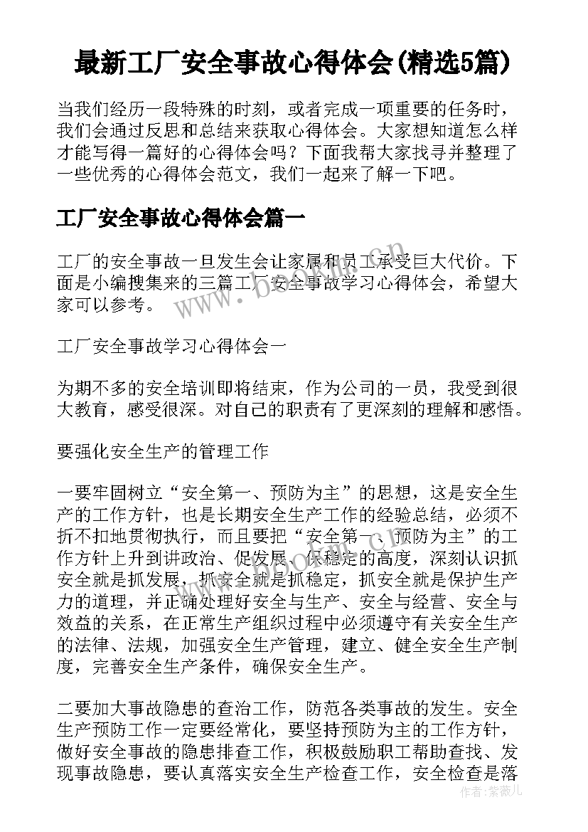 最新工厂安全事故心得体会(精选5篇)