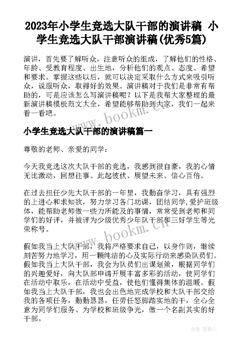 2023年小学生竞选大队干部的演讲稿 小学生竞选大队干部演讲稿(优秀5篇)