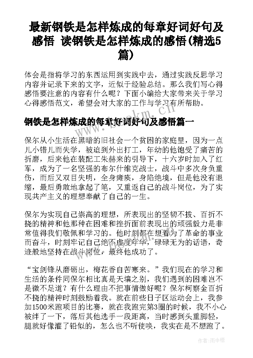 最新钢铁是怎样炼成的每章好词好句及感悟 读钢铁是怎样炼成的感悟(精选5篇)