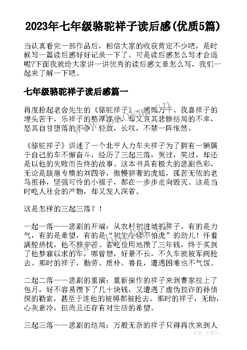 2023年七年级骆驼祥子读后感(优质5篇)