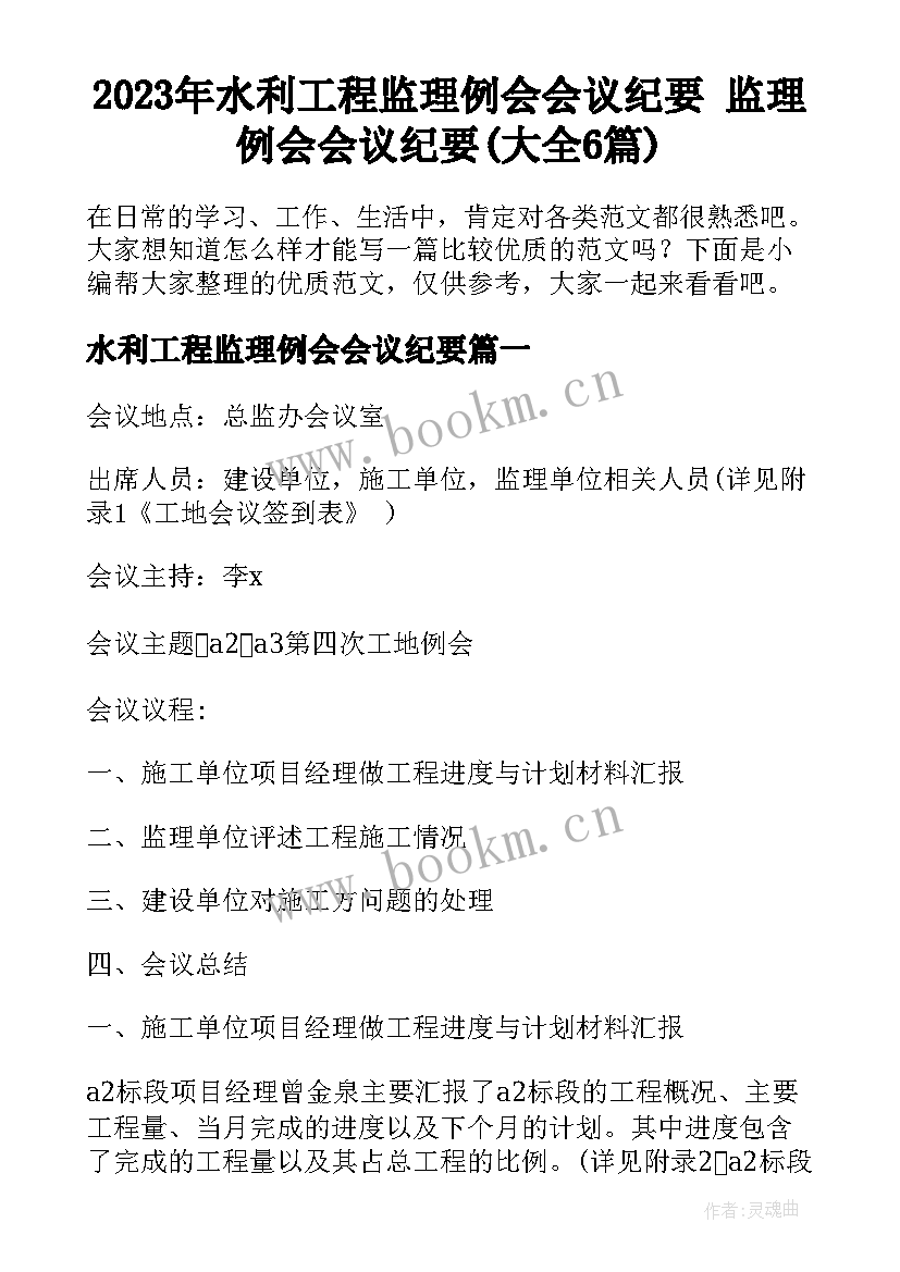 2023年水利工程监理例会会议纪要 监理例会会议纪要(大全6篇)