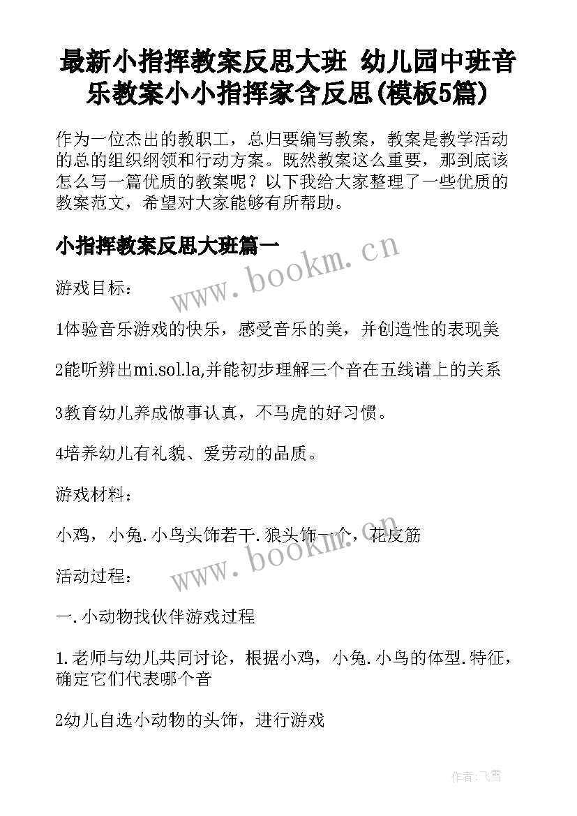 最新小指挥教案反思大班 幼儿园中班音乐教案小小指挥家含反思(模板5篇)