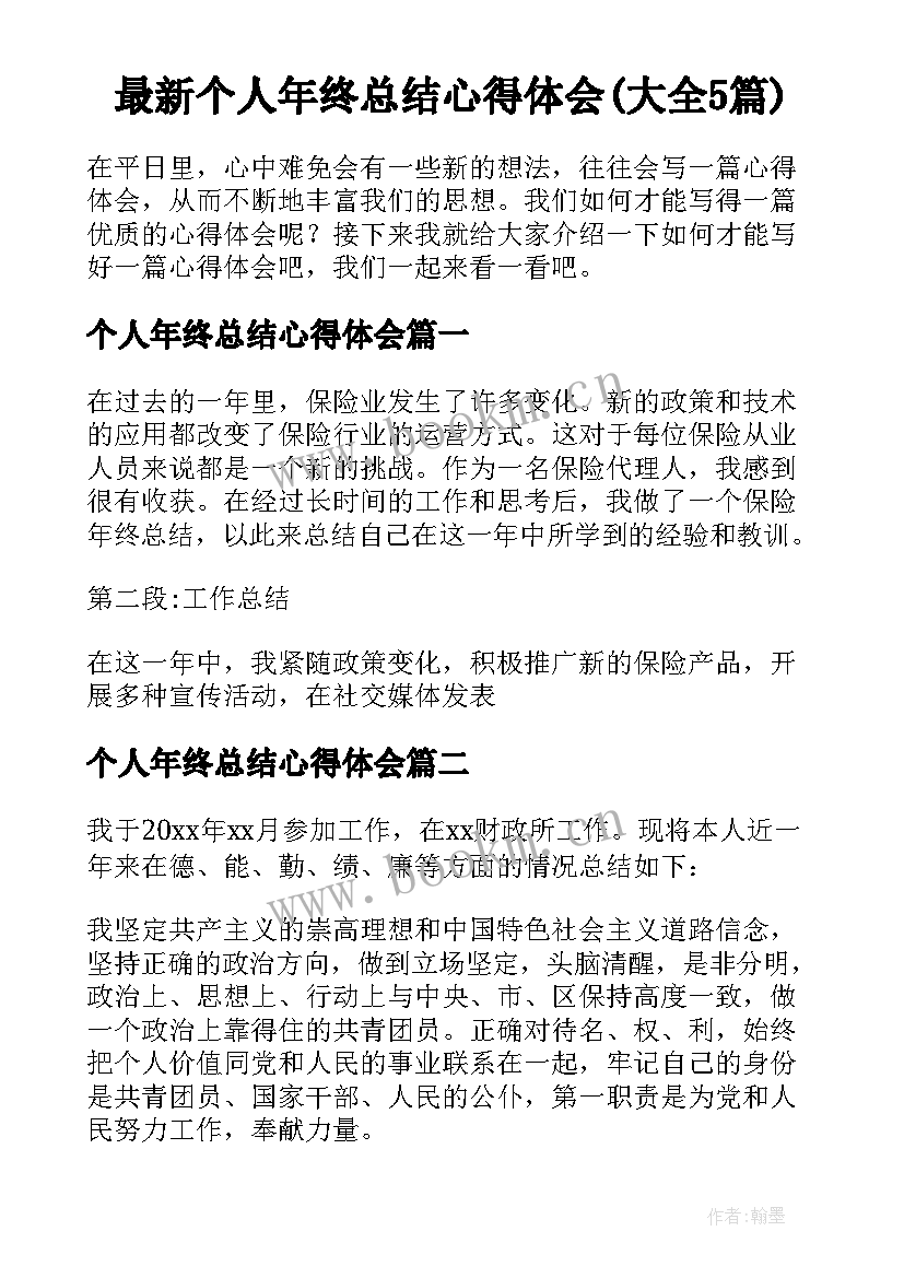 最新个人年终总结心得体会(大全5篇)