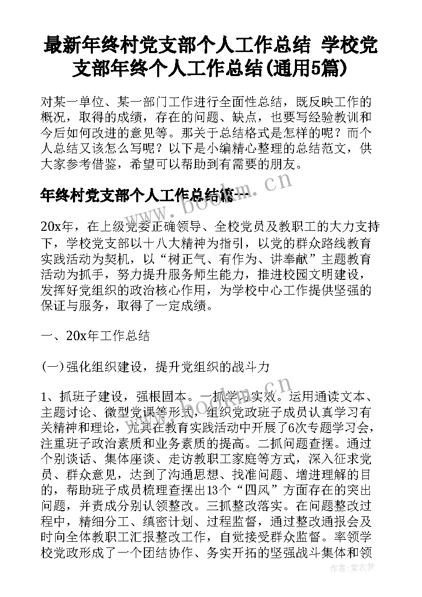 最新年终村党支部个人工作总结 学校党支部年终个人工作总结(通用5篇)