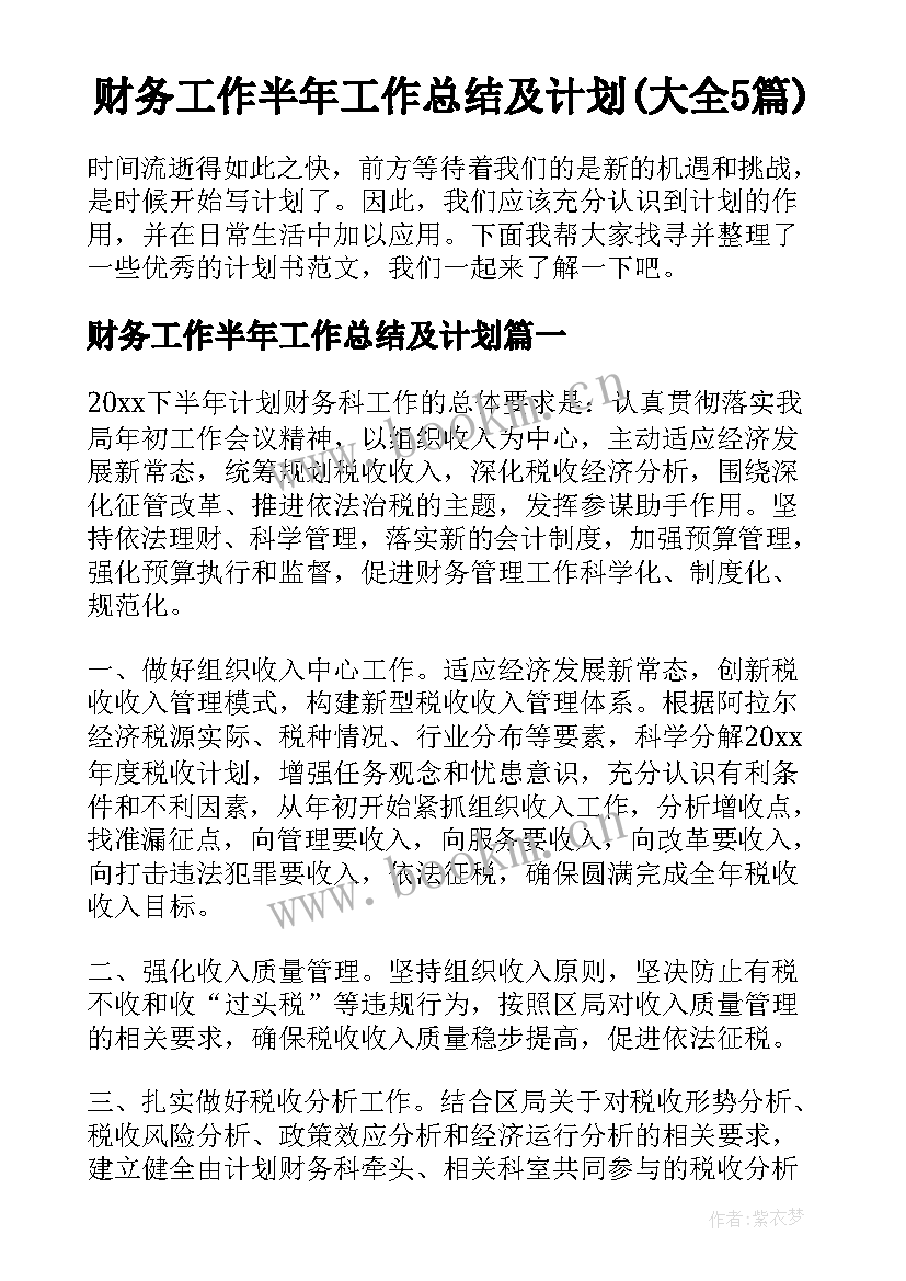 财务工作半年工作总结及计划(大全5篇)