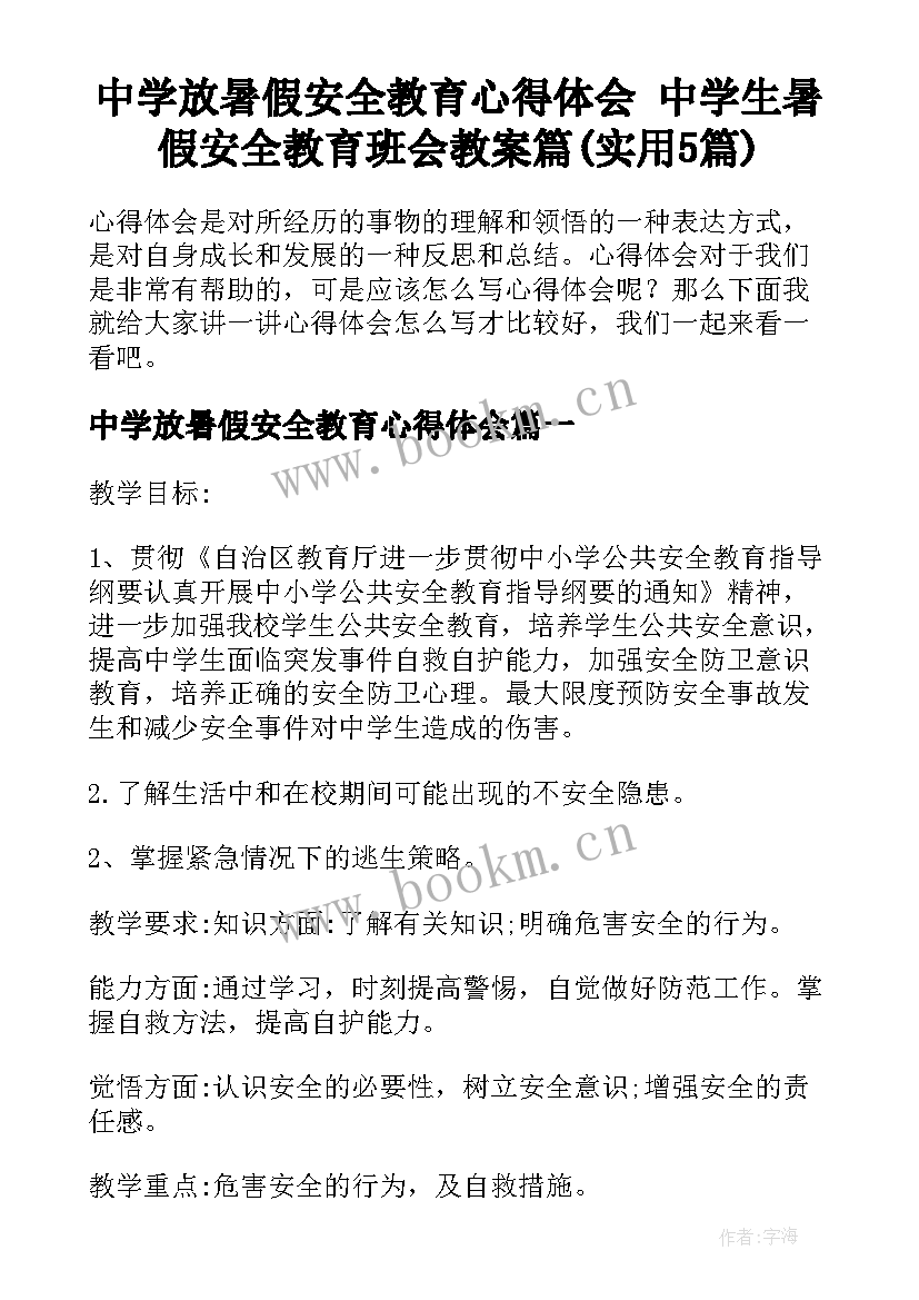 中学放暑假安全教育心得体会 中学生暑假安全教育班会教案篇(实用5篇)