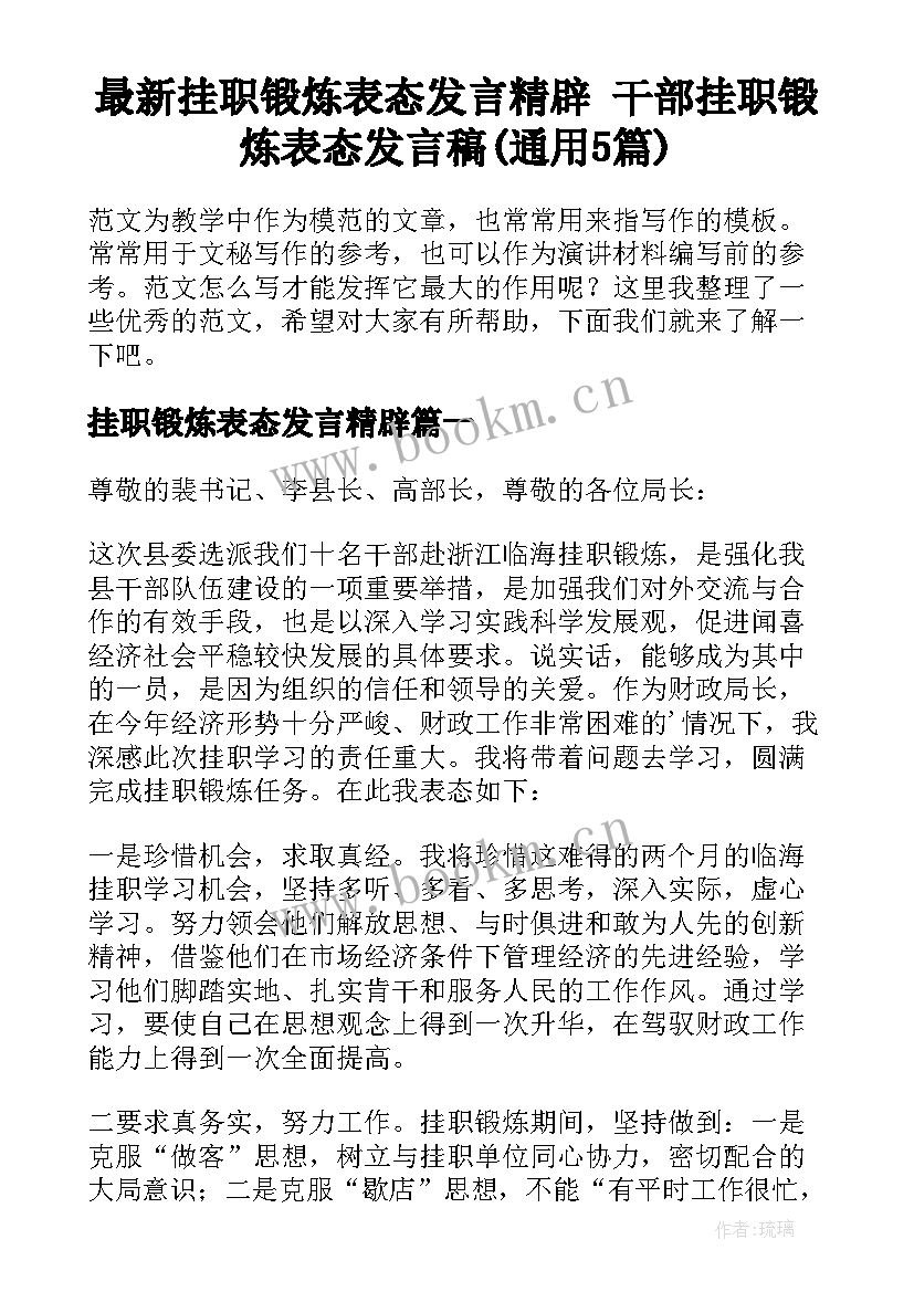 最新挂职锻炼表态发言精辟 干部挂职锻炼表态发言稿(通用5篇)