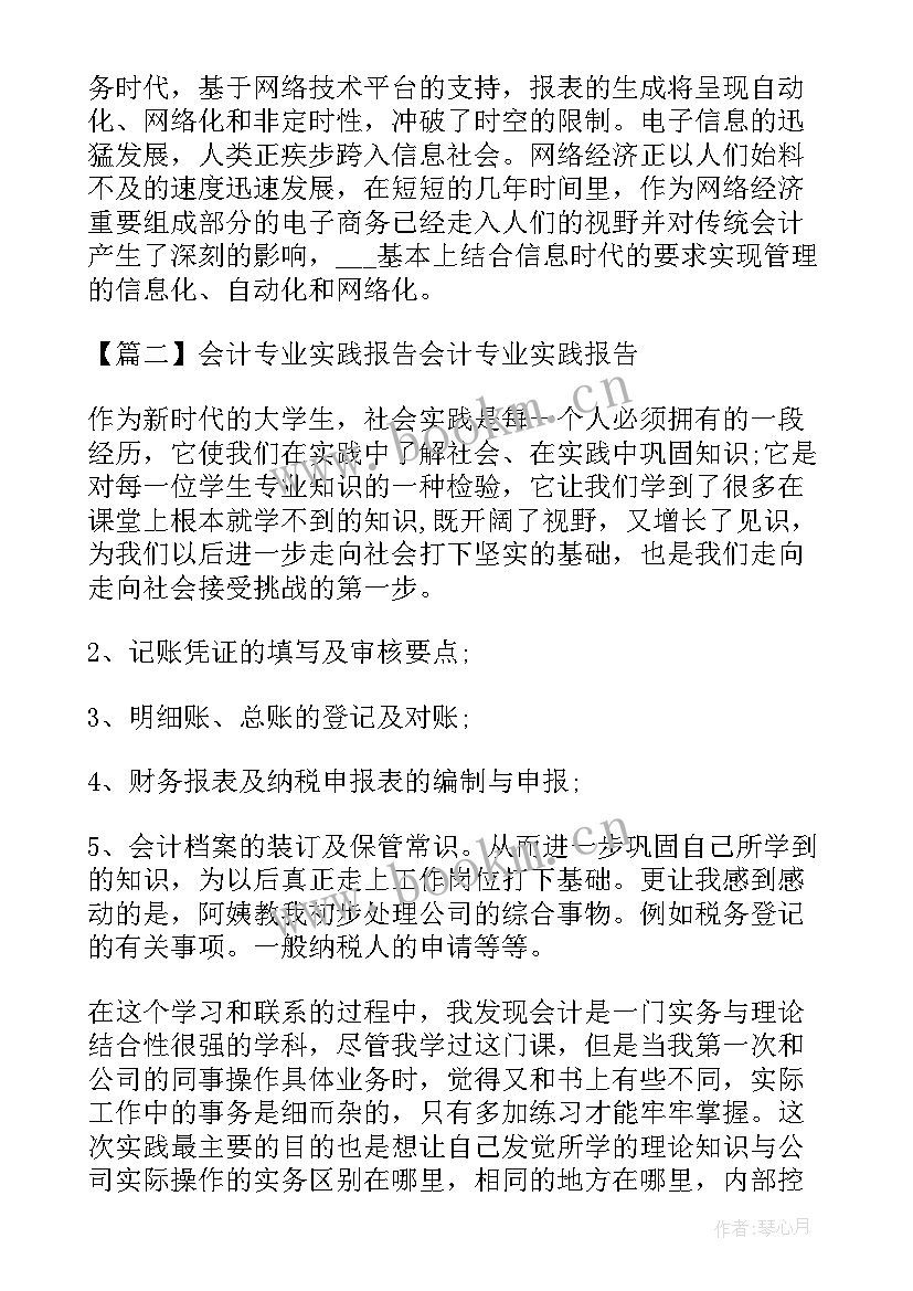 最新会计专业实践报告(精选8篇)