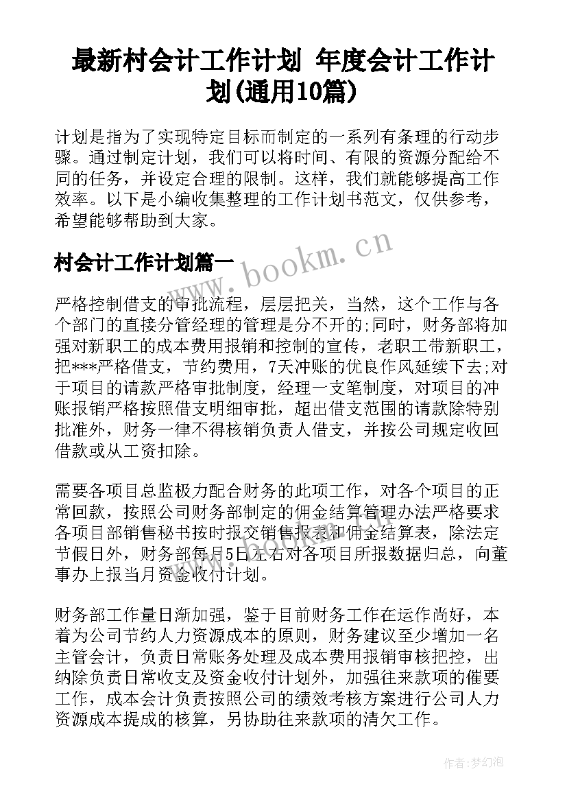 最新村会计工作计划 年度会计工作计划(通用10篇)