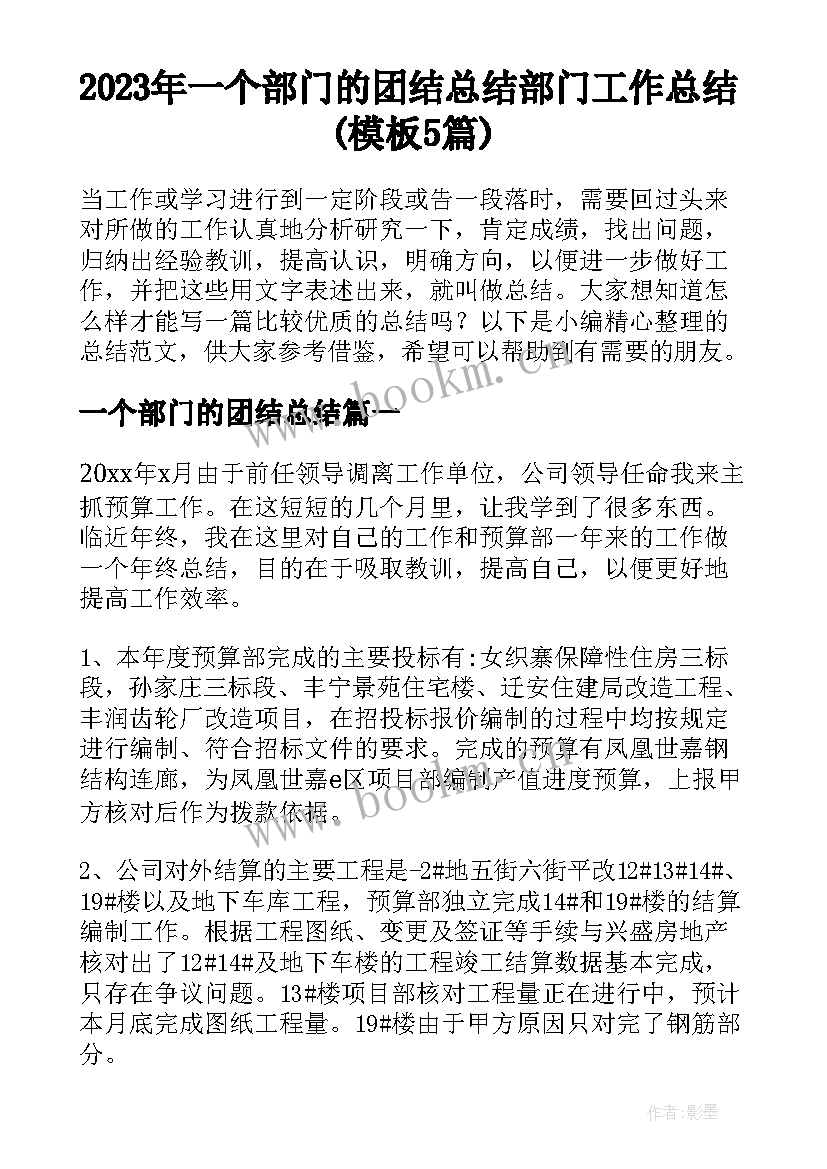 2023年一个部门的团结总结 部门工作总结(模板5篇)