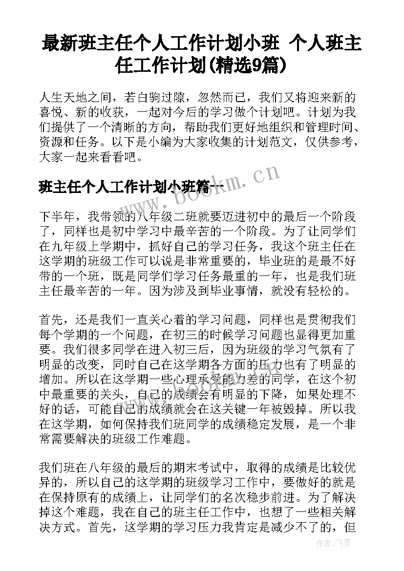 最新班主任个人工作计划小班 个人班主任工作计划(精选9篇)