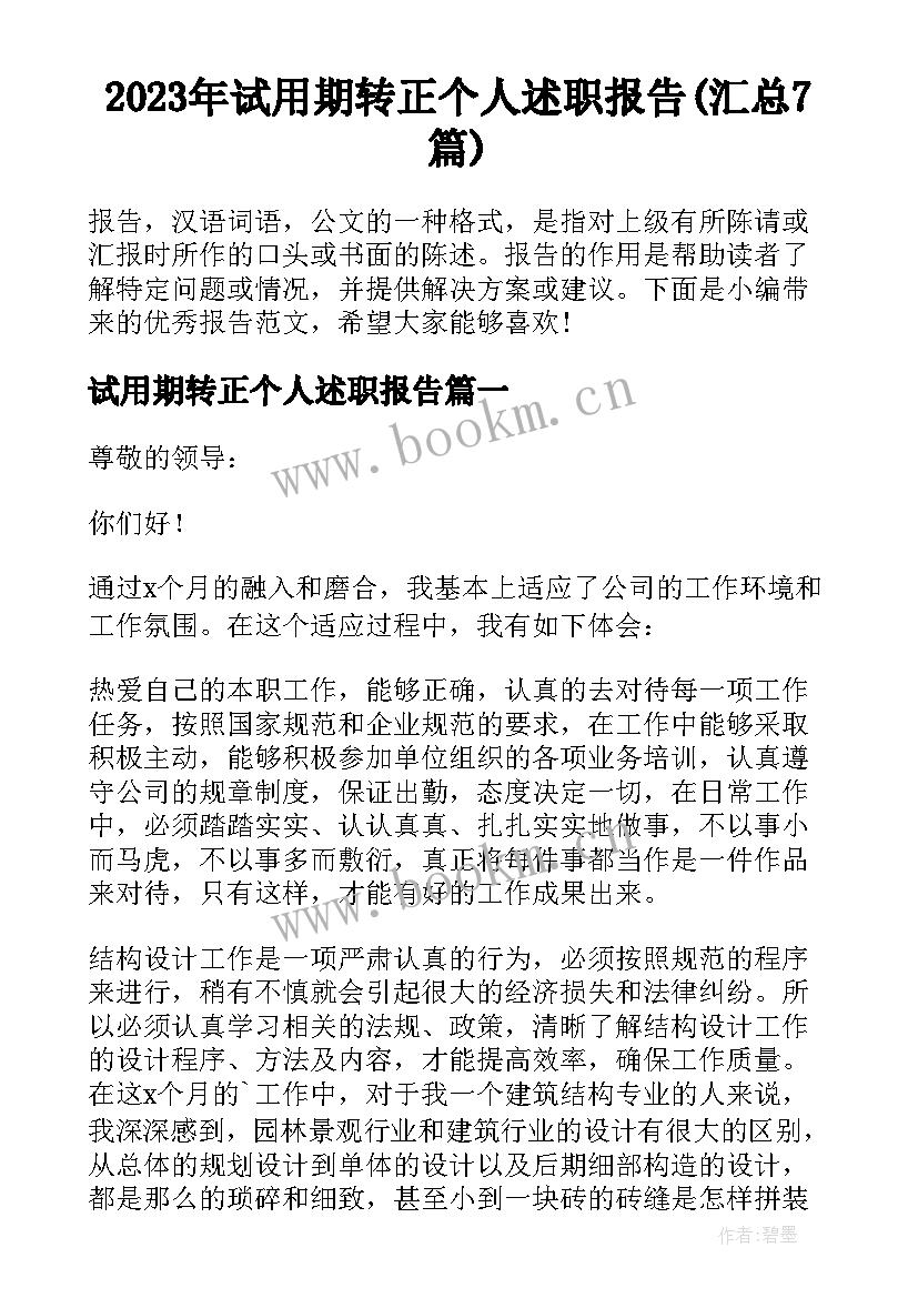 2023年试用期转正个人述职报告(汇总7篇)