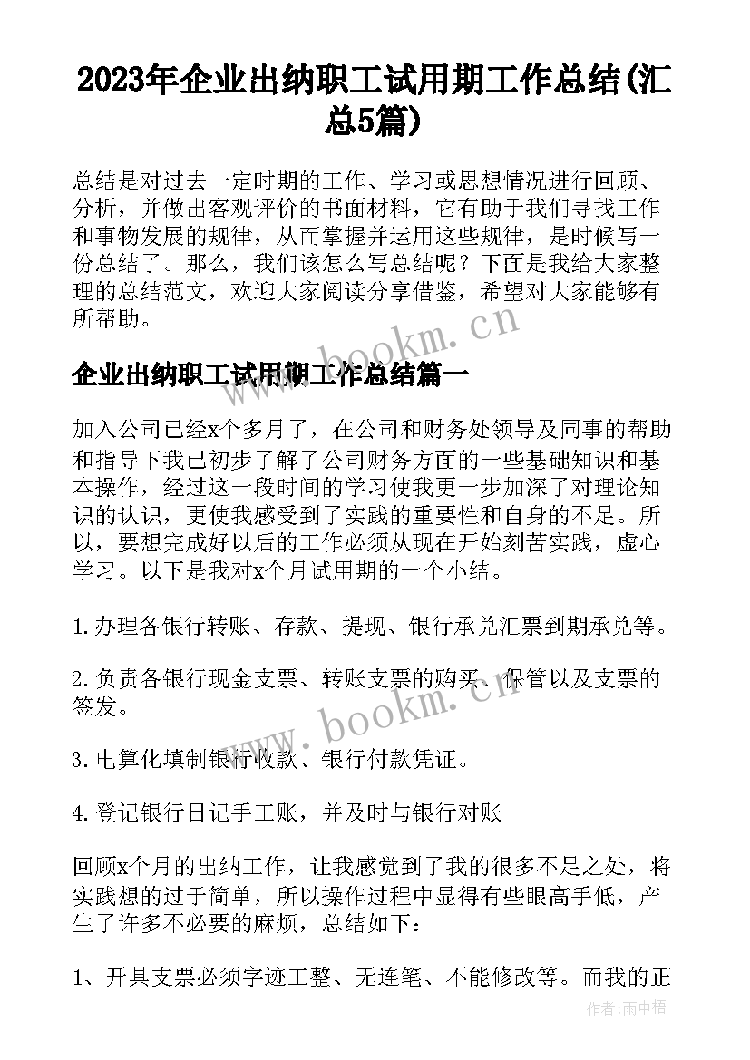 2023年企业出纳职工试用期工作总结(汇总5篇)