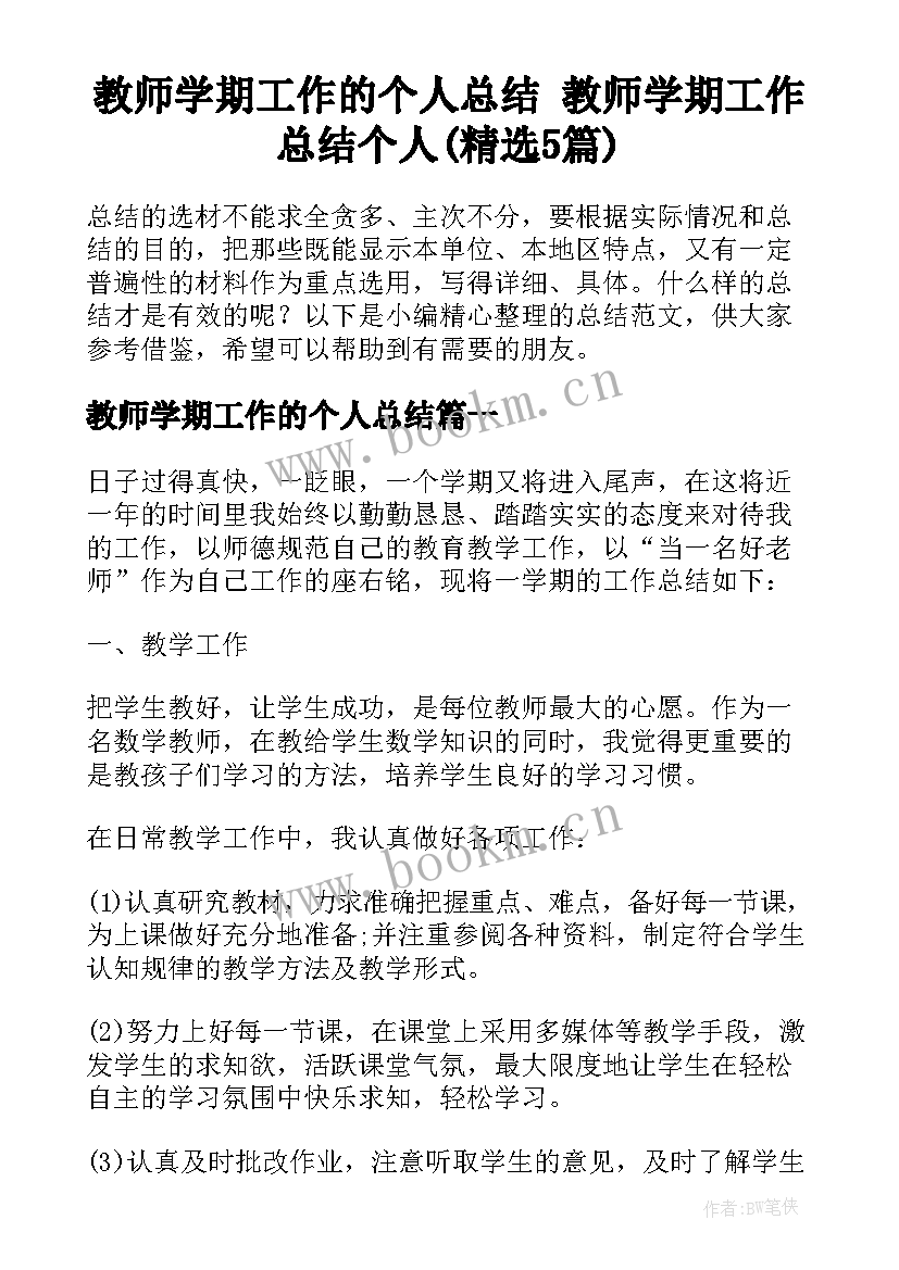 教师学期工作的个人总结 教师学期工作总结个人(精选5篇)