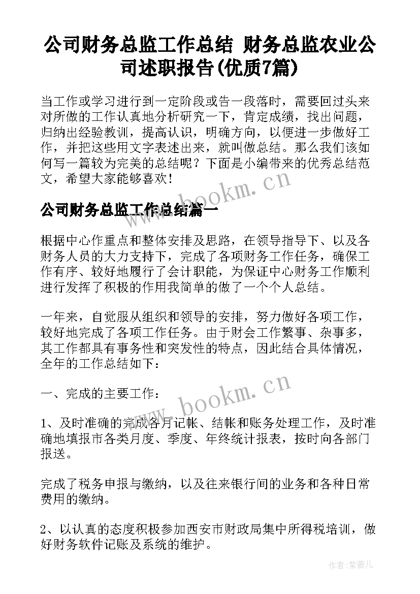 公司财务总监工作总结 财务总监农业公司述职报告(优质7篇)