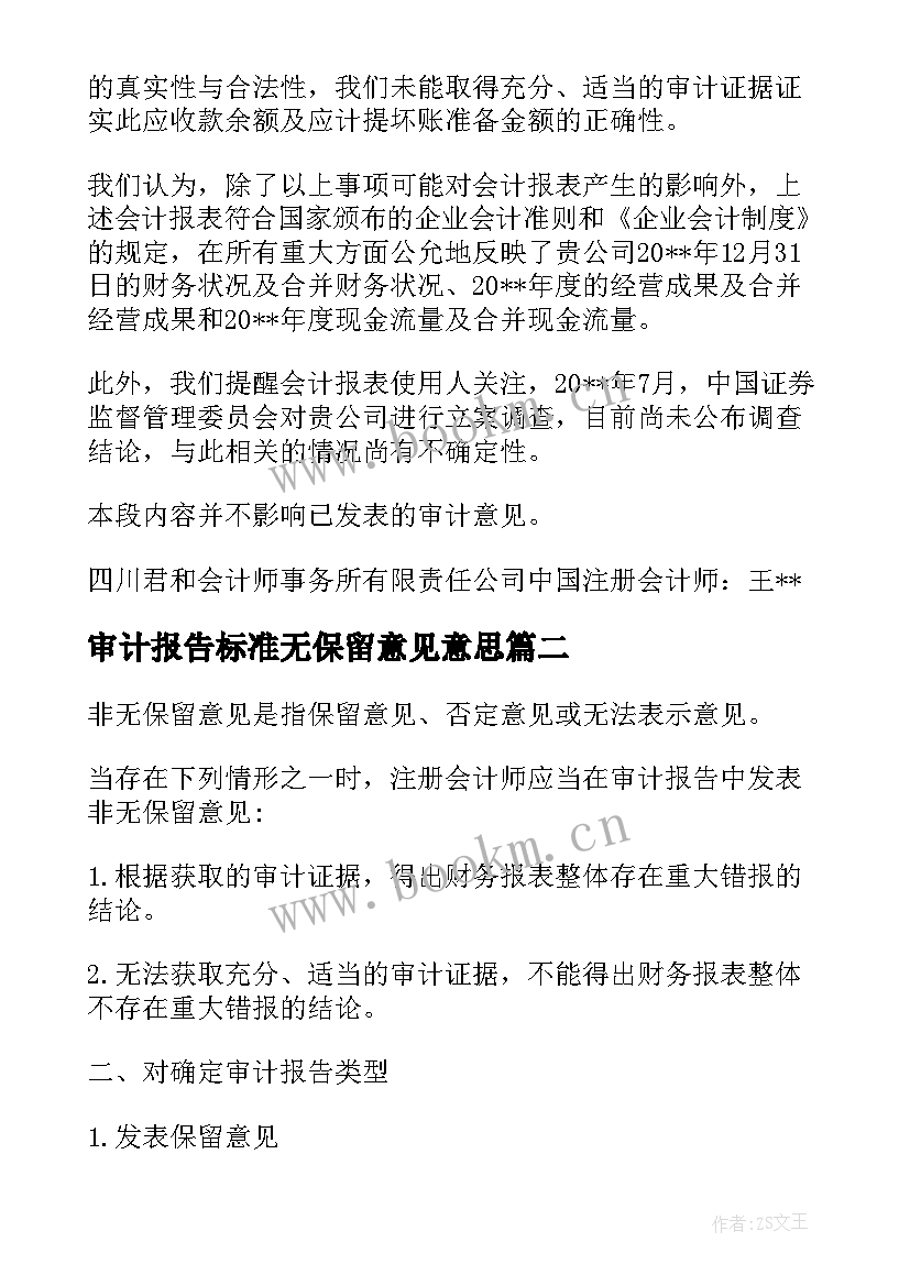 2023年审计报告标准无保留意见意思 非标准意见审计报告(通用5篇)