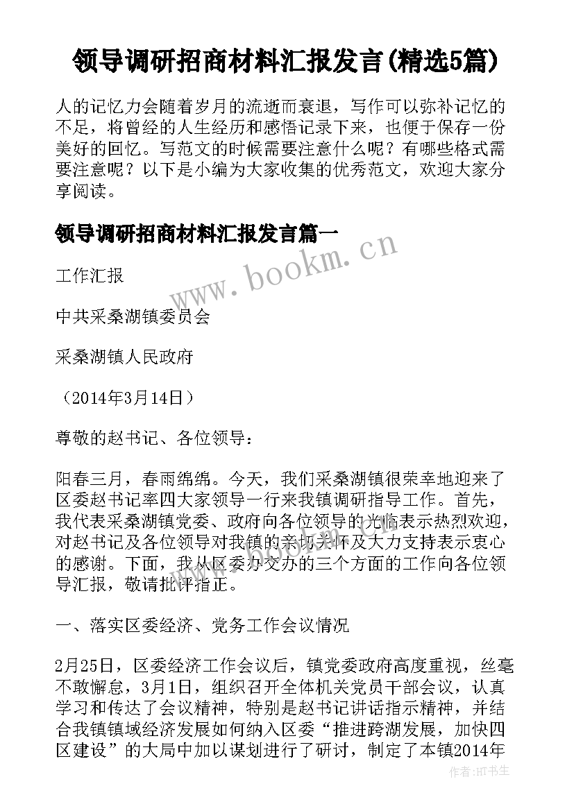 领导调研招商材料汇报发言(精选5篇)