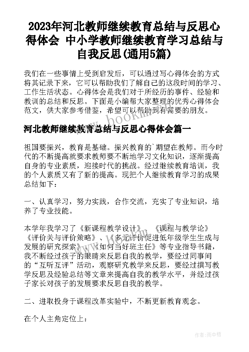 2023年河北教师继续教育总结与反思心得体会 中小学教师继续教育学习总结与自我反思(通用5篇)