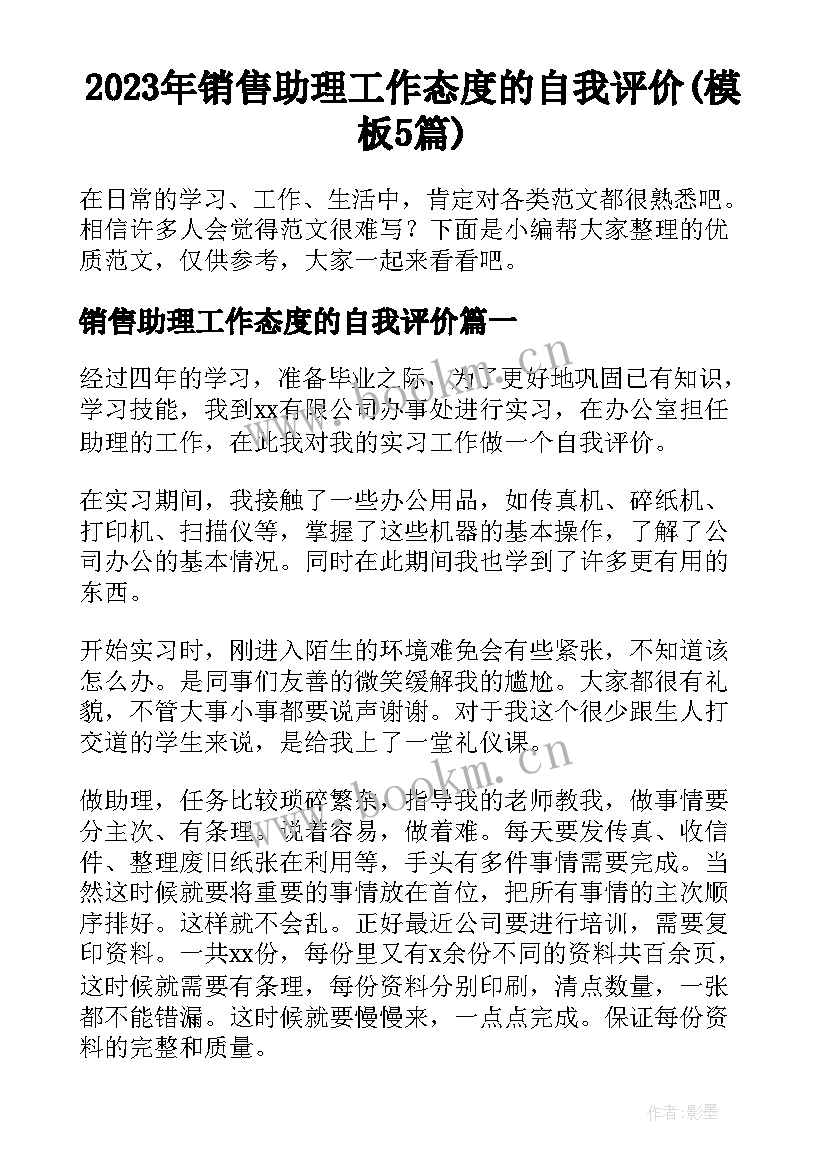 2023年销售助理工作态度的自我评价(模板5篇)