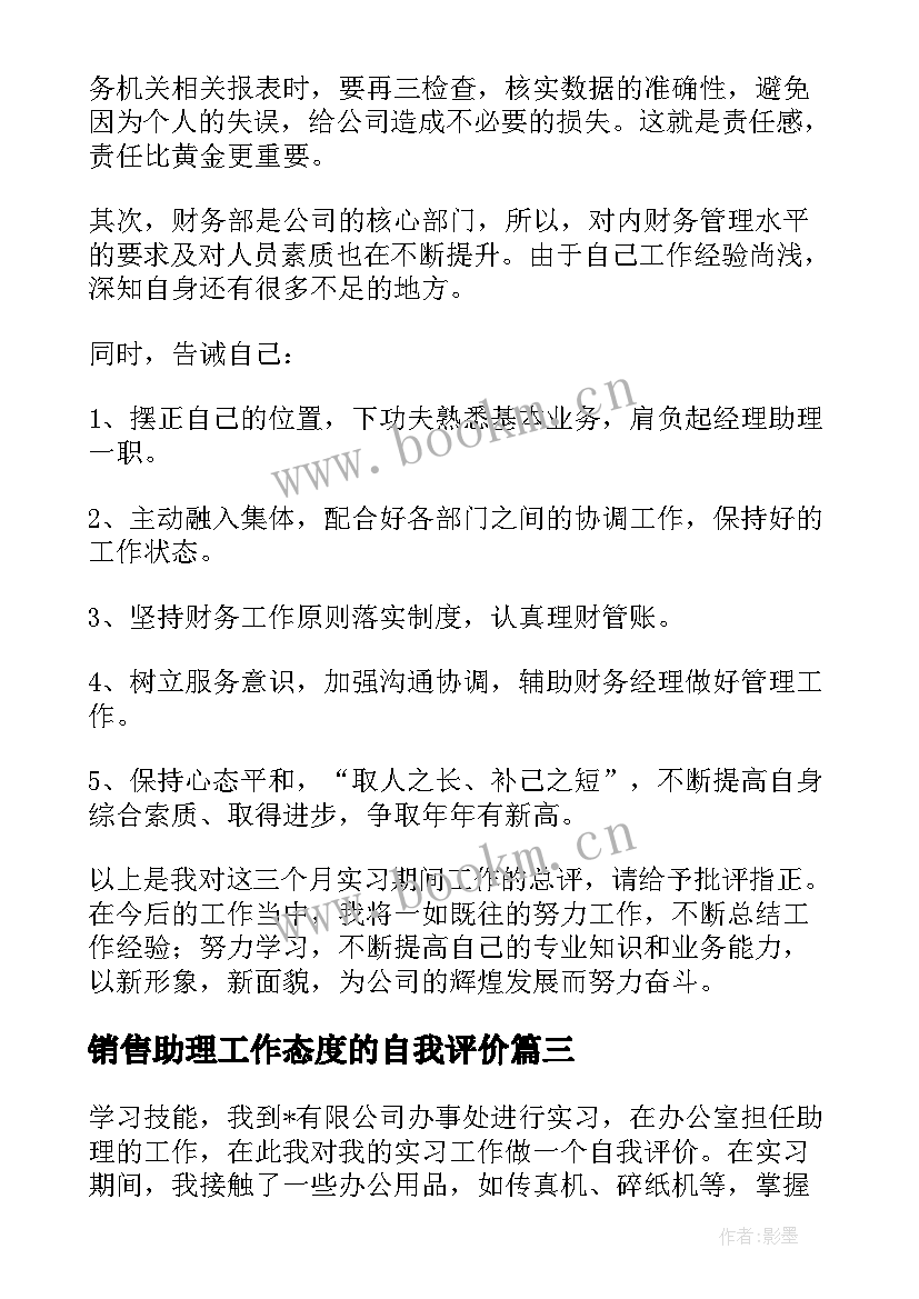 2023年销售助理工作态度的自我评价(模板5篇)