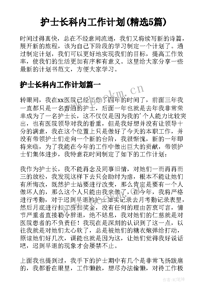 护士长科内工作计划(精选5篇)