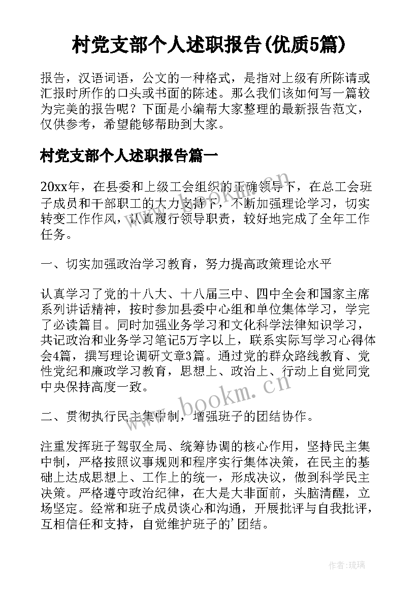 村党支部个人述职报告(优质5篇)