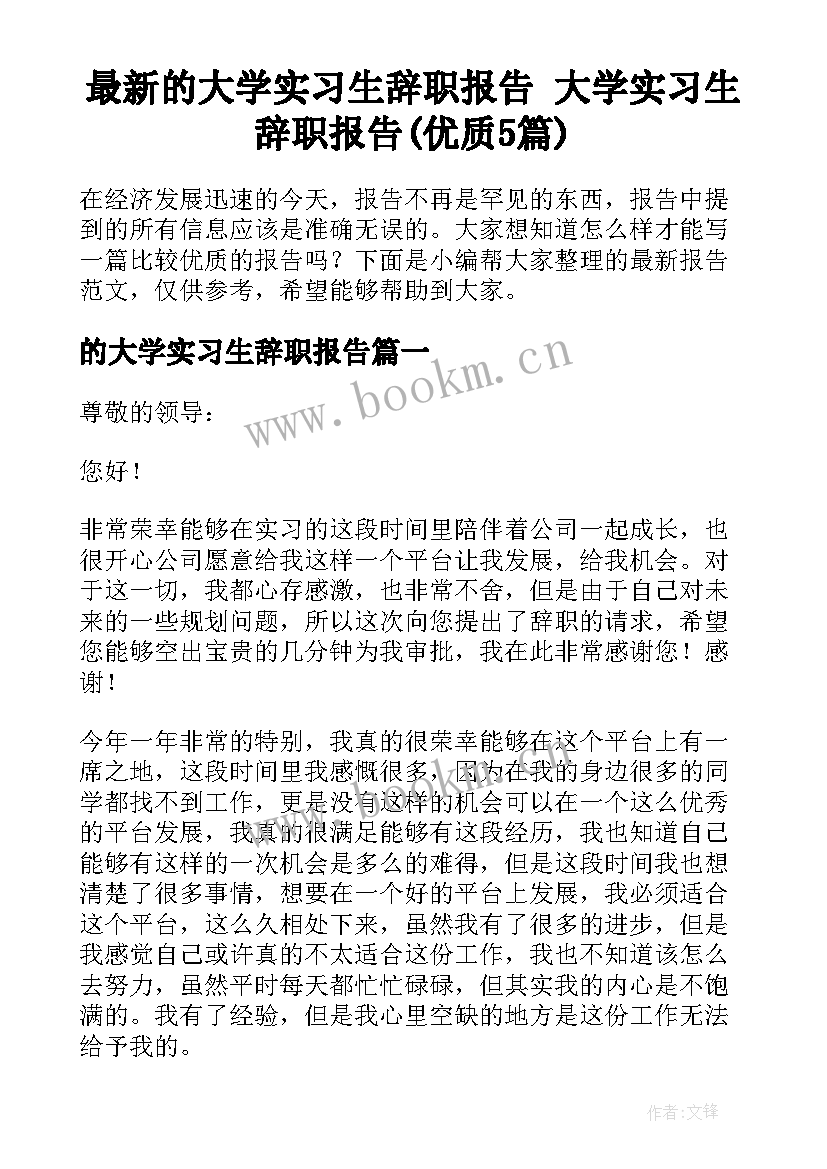 最新的大学实习生辞职报告 大学实习生辞职报告(优质5篇)