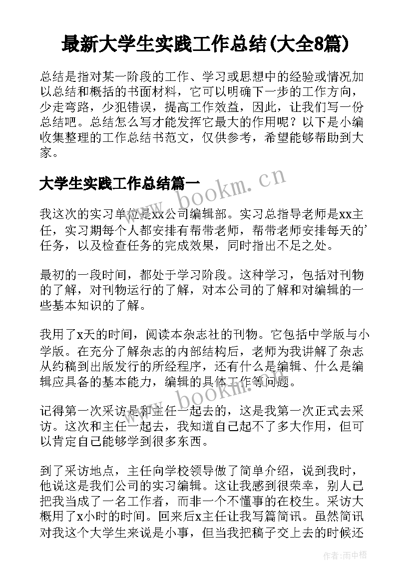 最新大学生实践工作总结(大全8篇)