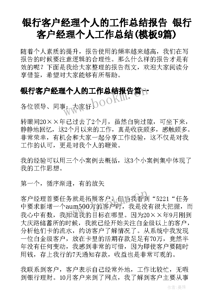 银行客户经理个人的工作总结报告 银行客户经理个人工作总结(模板9篇)