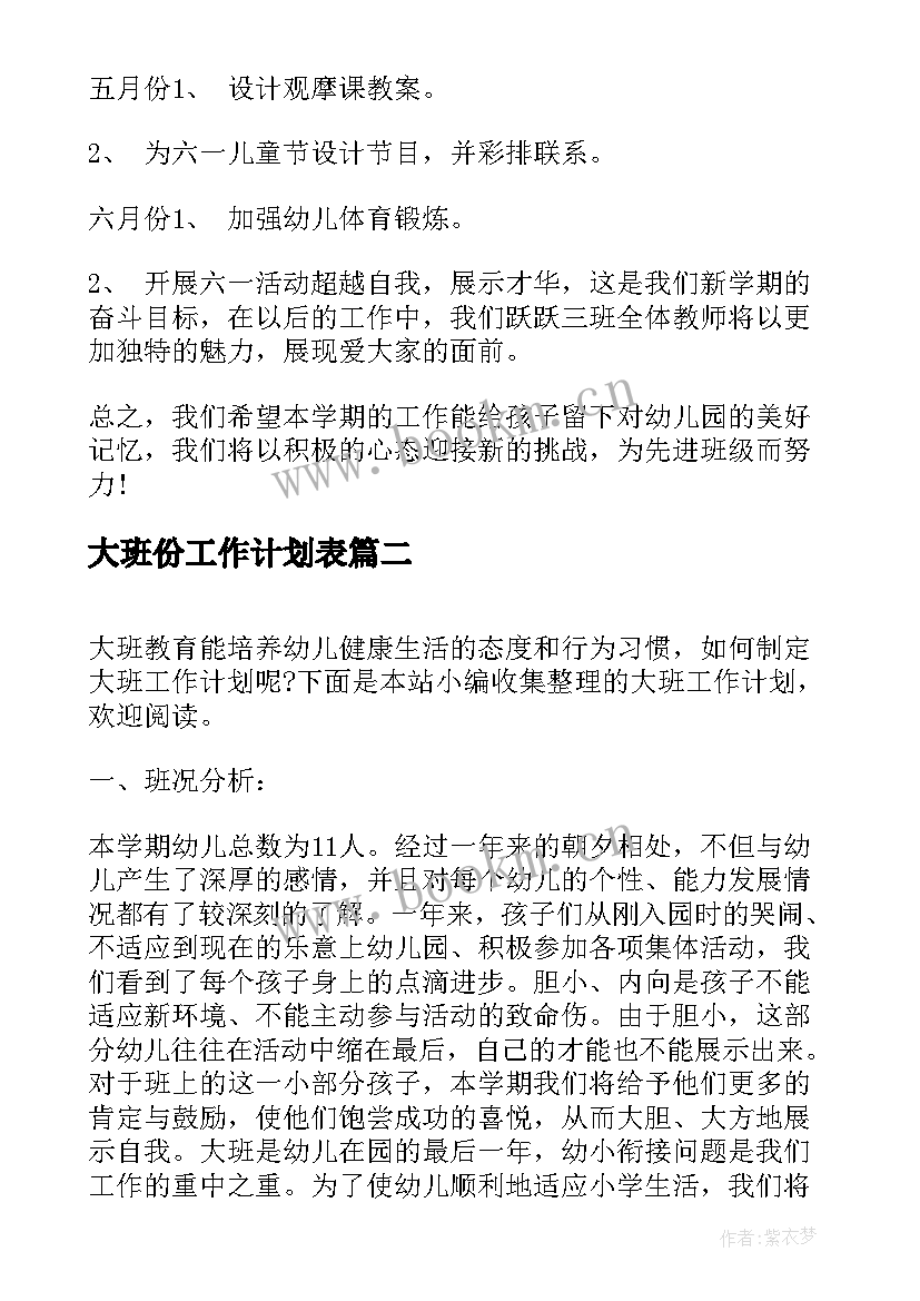 最新大班份工作计划表(大全9篇)