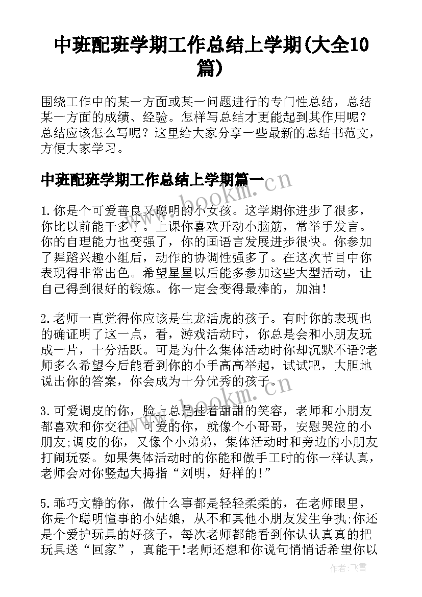 中班配班学期工作总结上学期(大全10篇)