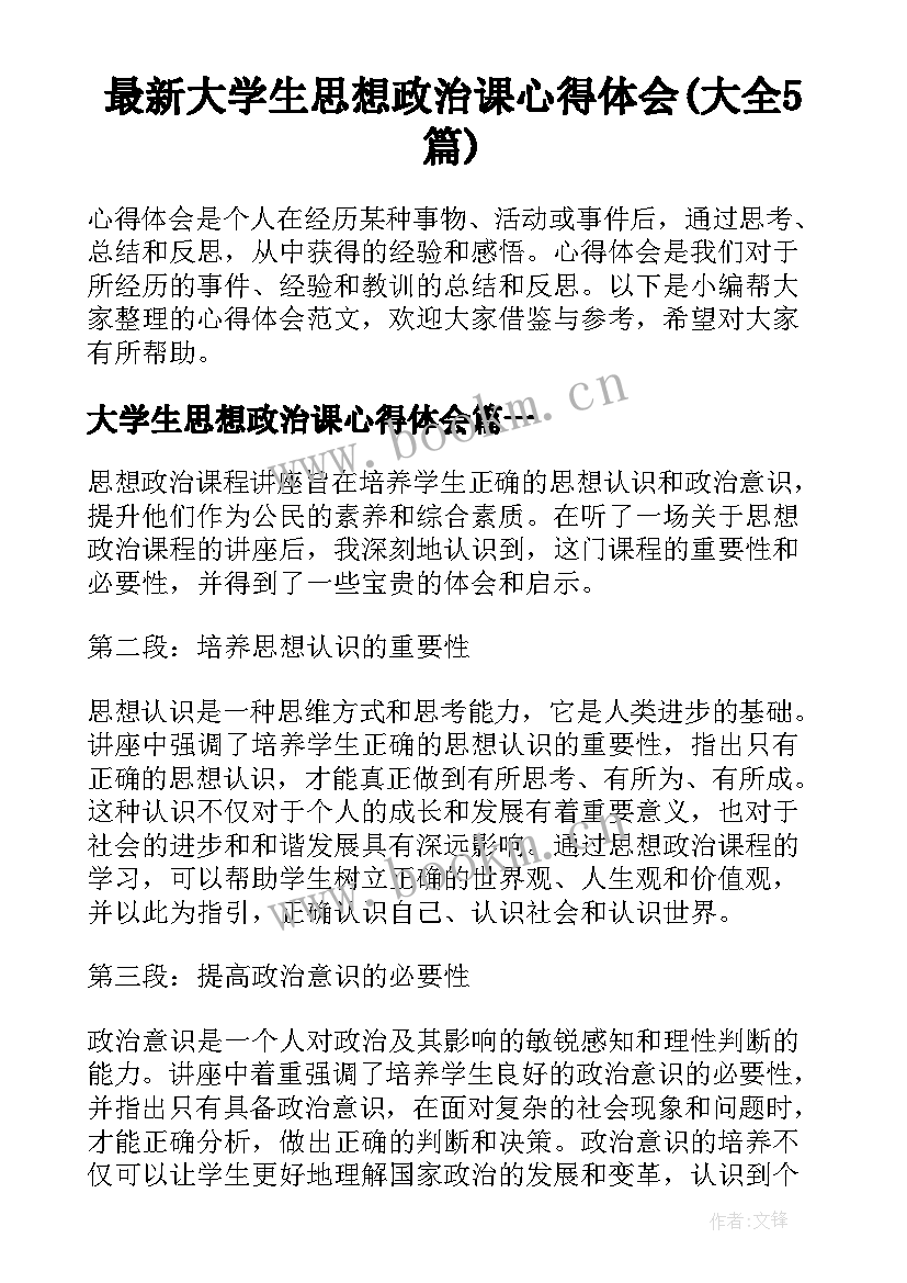 最新大学生思想政治课心得体会(大全5篇)