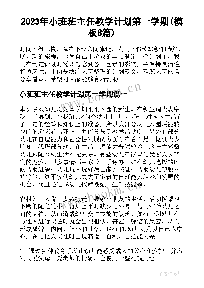 2023年小班班主任教学计划第一学期(模板8篇)