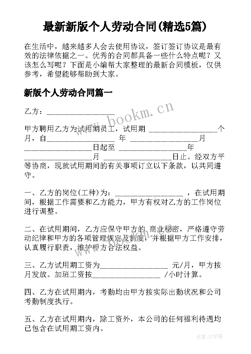 最新新版个人劳动合同(精选5篇)