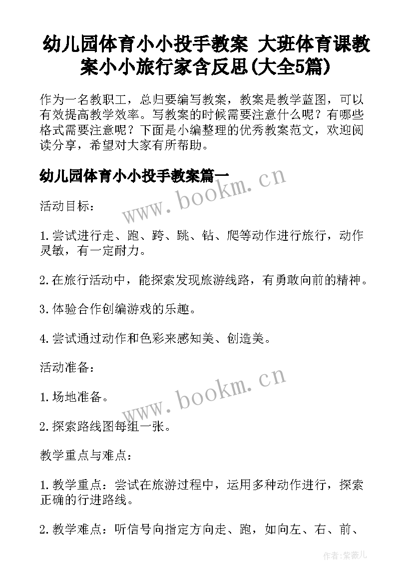 幼儿园体育小小投手教案 大班体育课教案小小旅行家含反思(大全5篇)