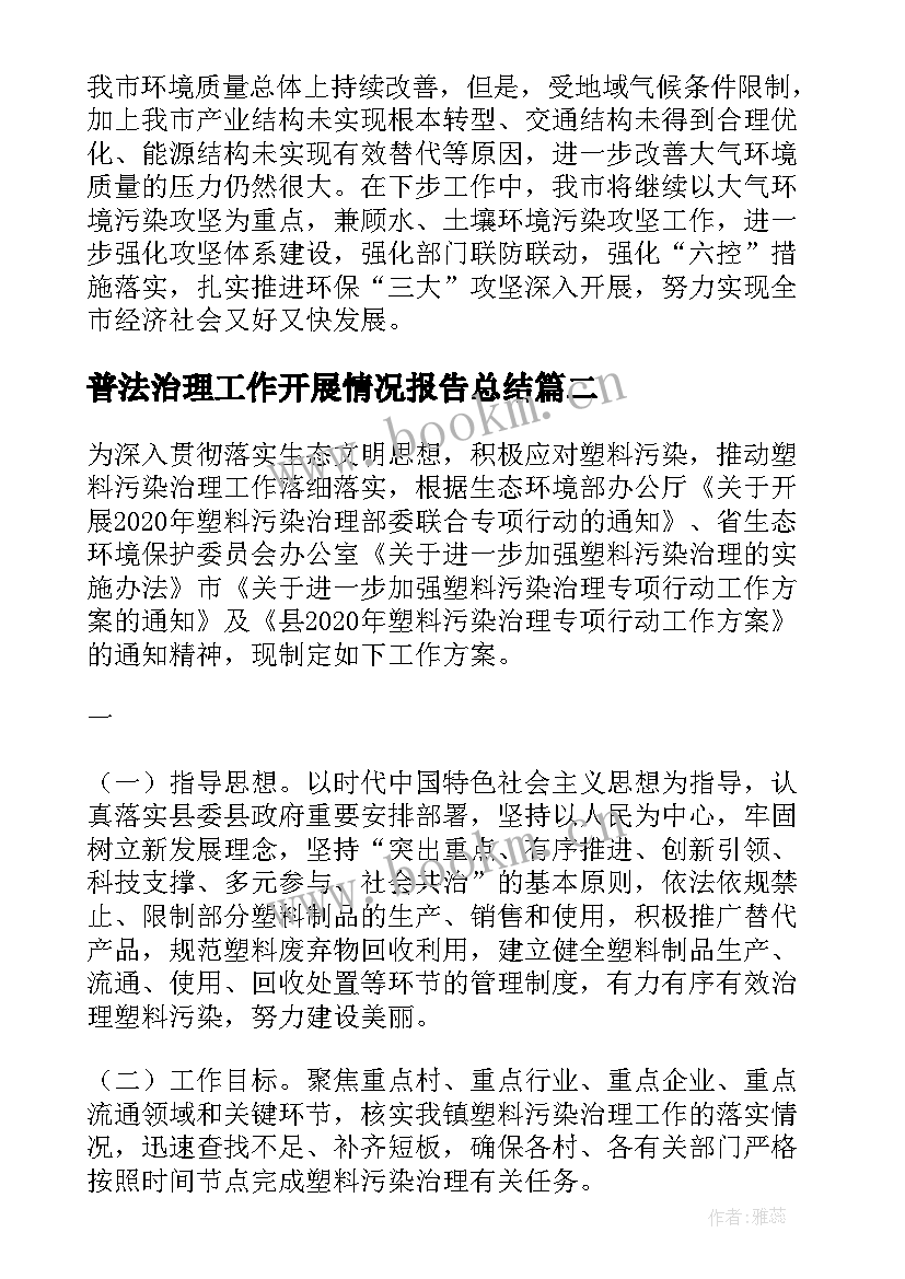 2023年普法治理工作开展情况报告总结 塑料污染治理工作开展情况报告(通用5篇)