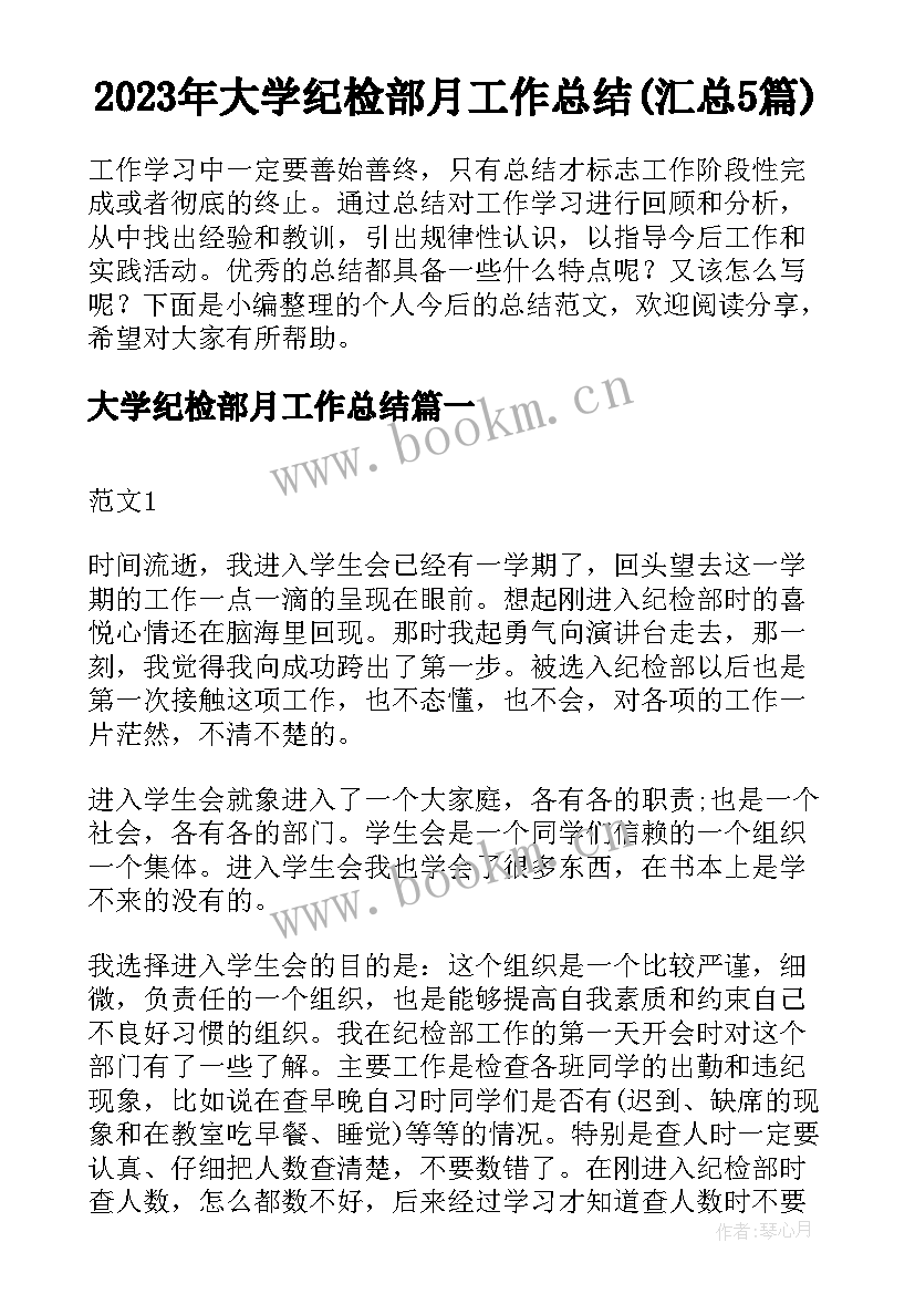 2023年大学纪检部月工作总结(汇总5篇)