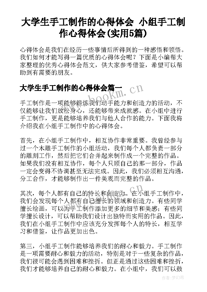 大学生手工制作的心得体会 小组手工制作心得体会(实用5篇)