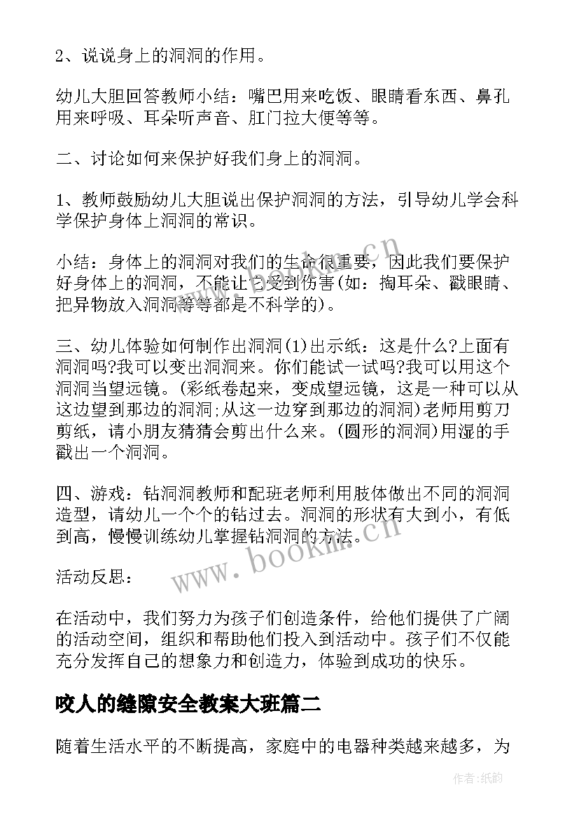 咬人的缝隙安全教案大班 会咬人的电小班安全教案反思集锦(大全5篇)