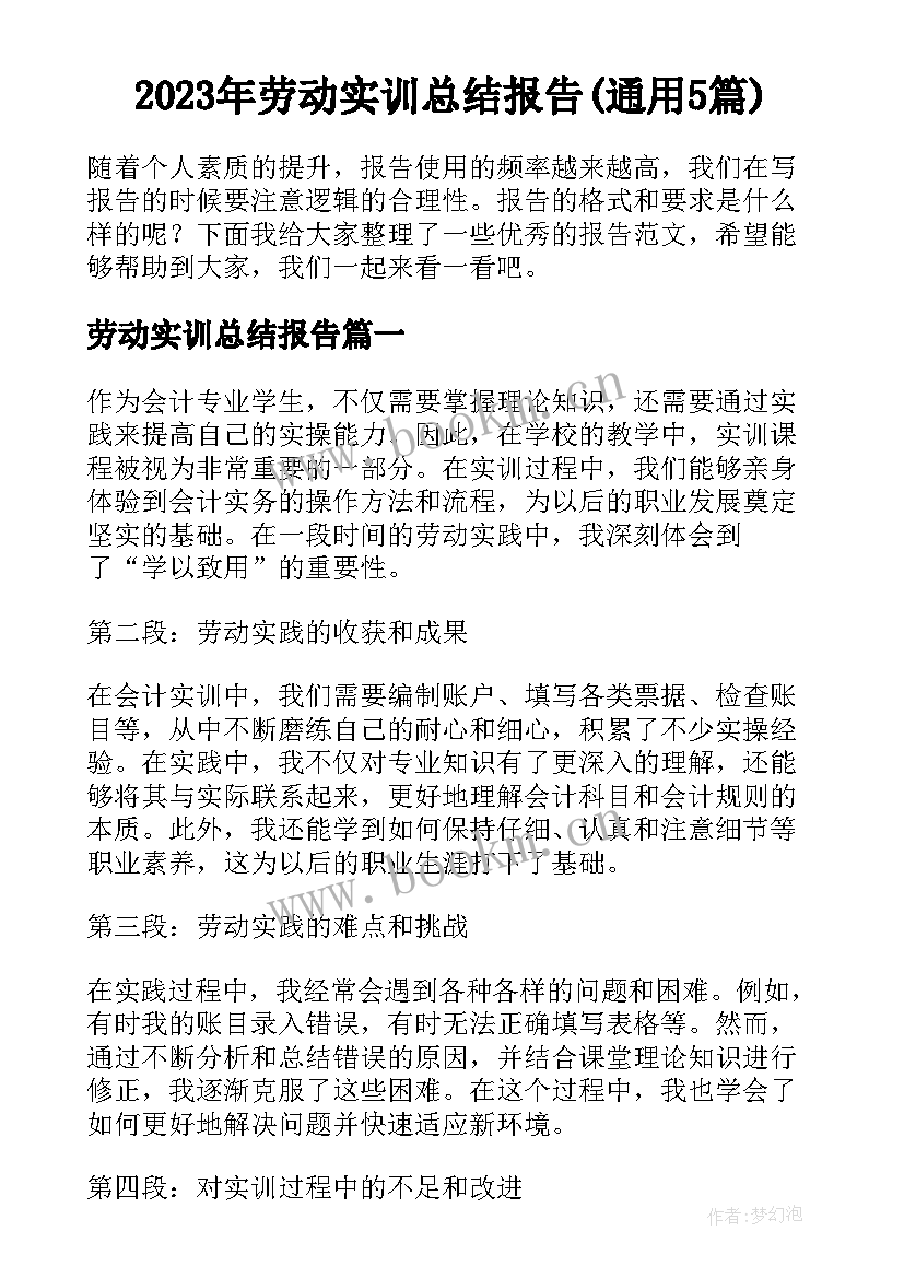 2023年劳动实训总结报告(通用5篇)