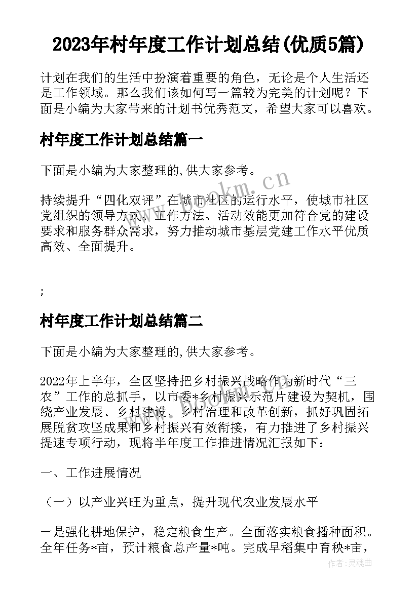 2023年村年度工作计划总结(优质5篇)