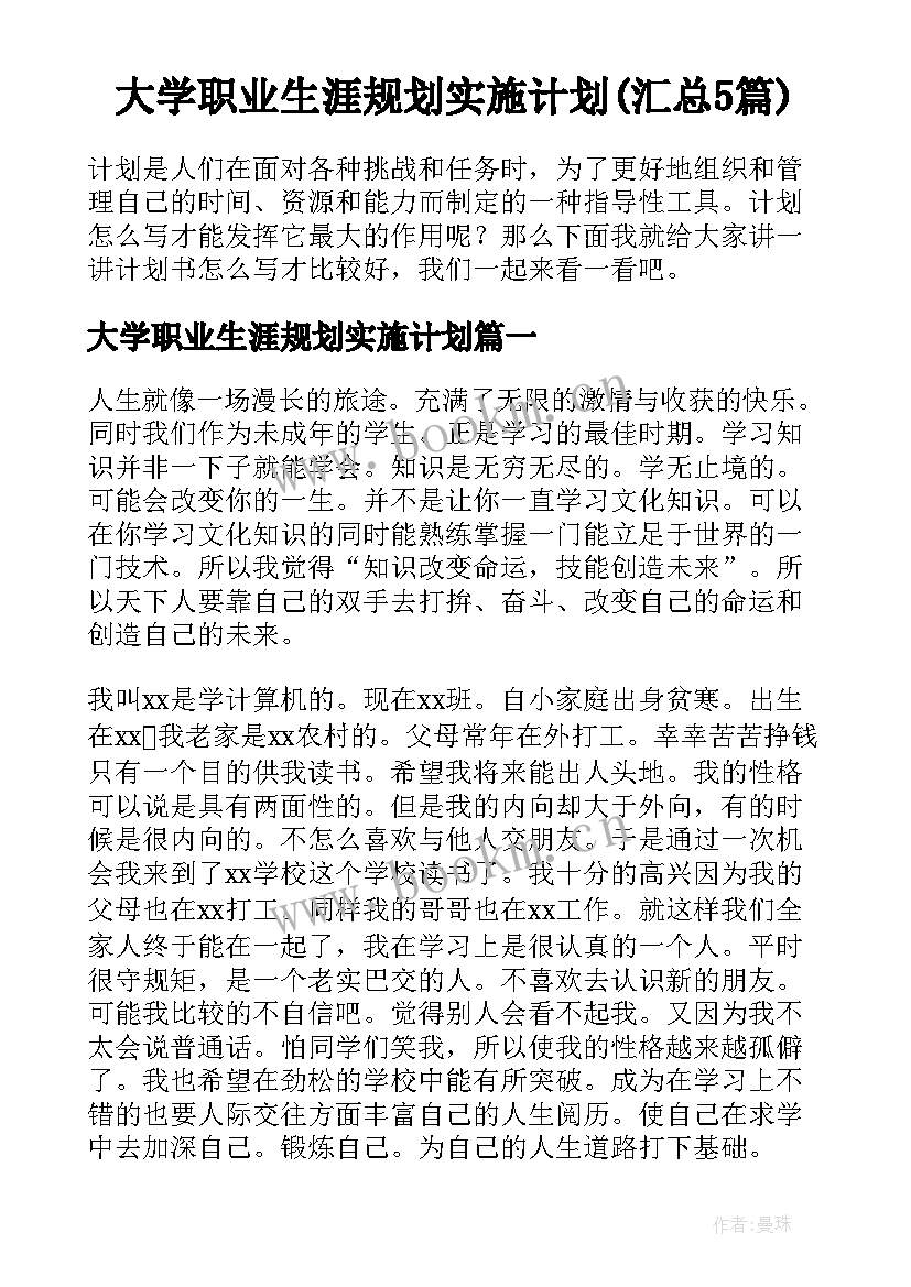 大学职业生涯规划实施计划(汇总5篇)