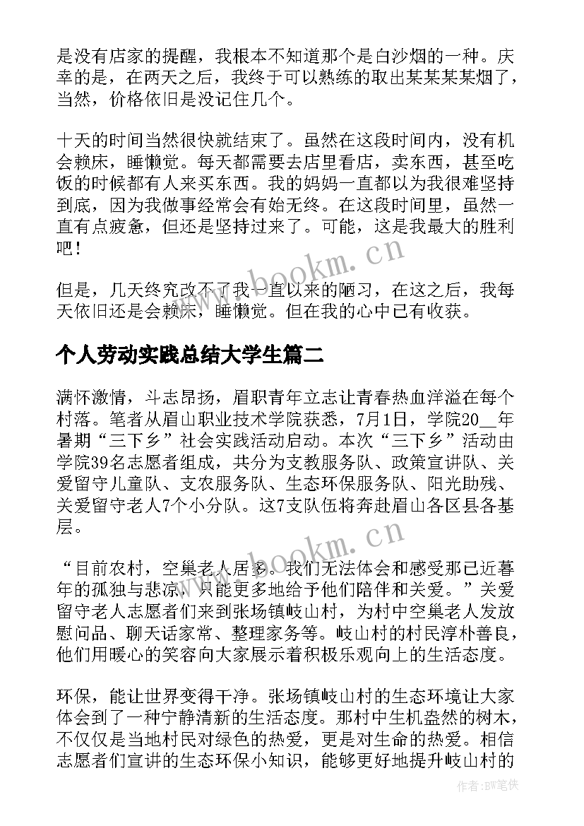 最新个人劳动实践总结大学生 大学生个人劳动实践总结(优质5篇)