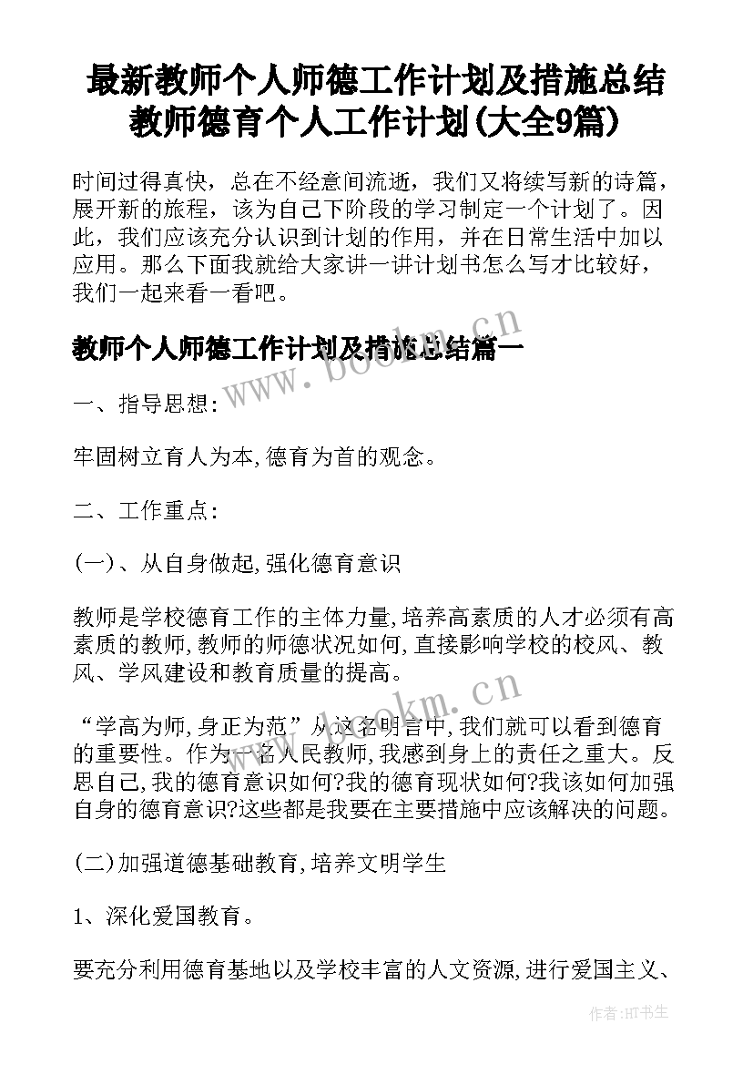 最新教师个人师德工作计划及措施总结 教师德育个人工作计划(大全9篇)