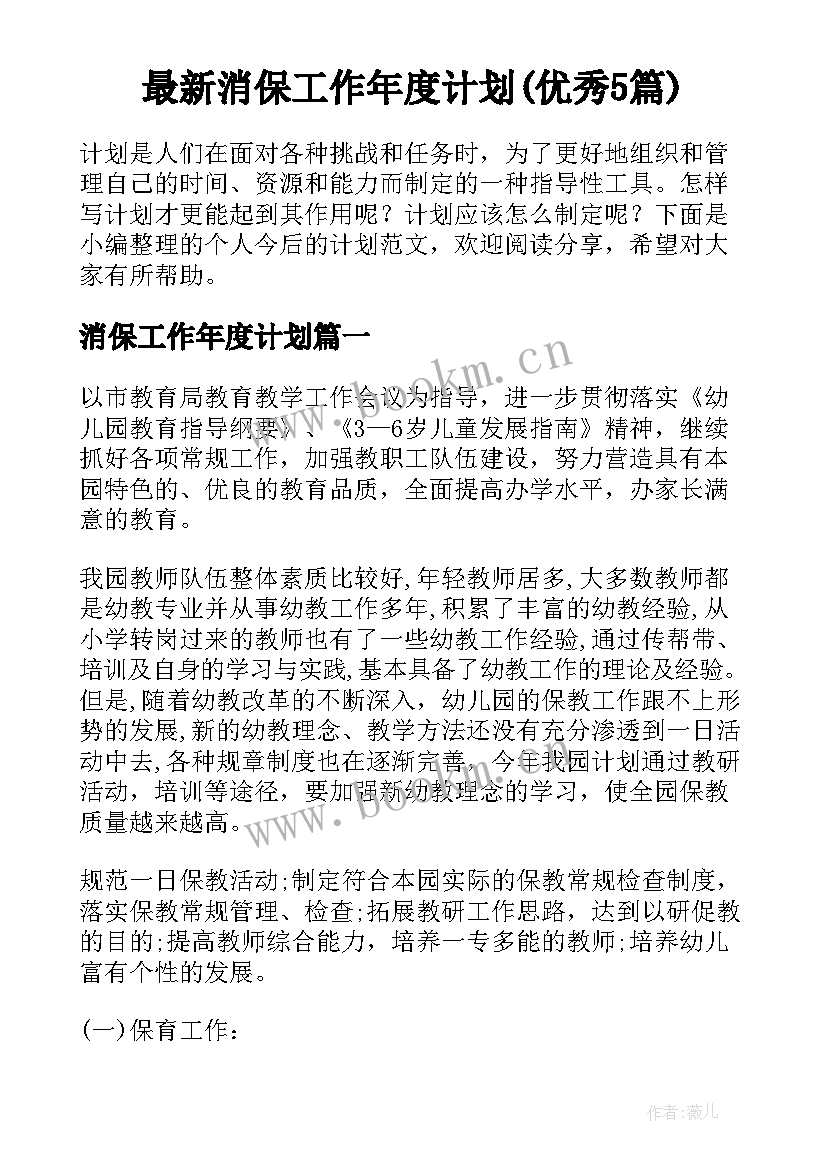 最新消保工作年度计划(优秀5篇)