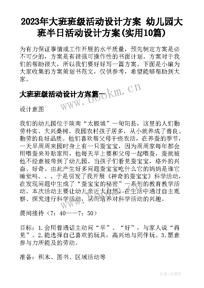 2023年大班班级活动设计方案 幼儿园大班半日活动设计方案(实用10篇)