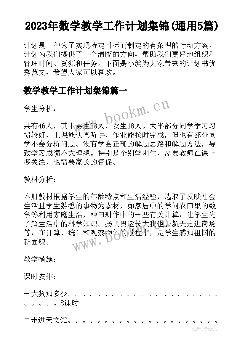 2023年数学教学工作计划集锦(通用5篇)